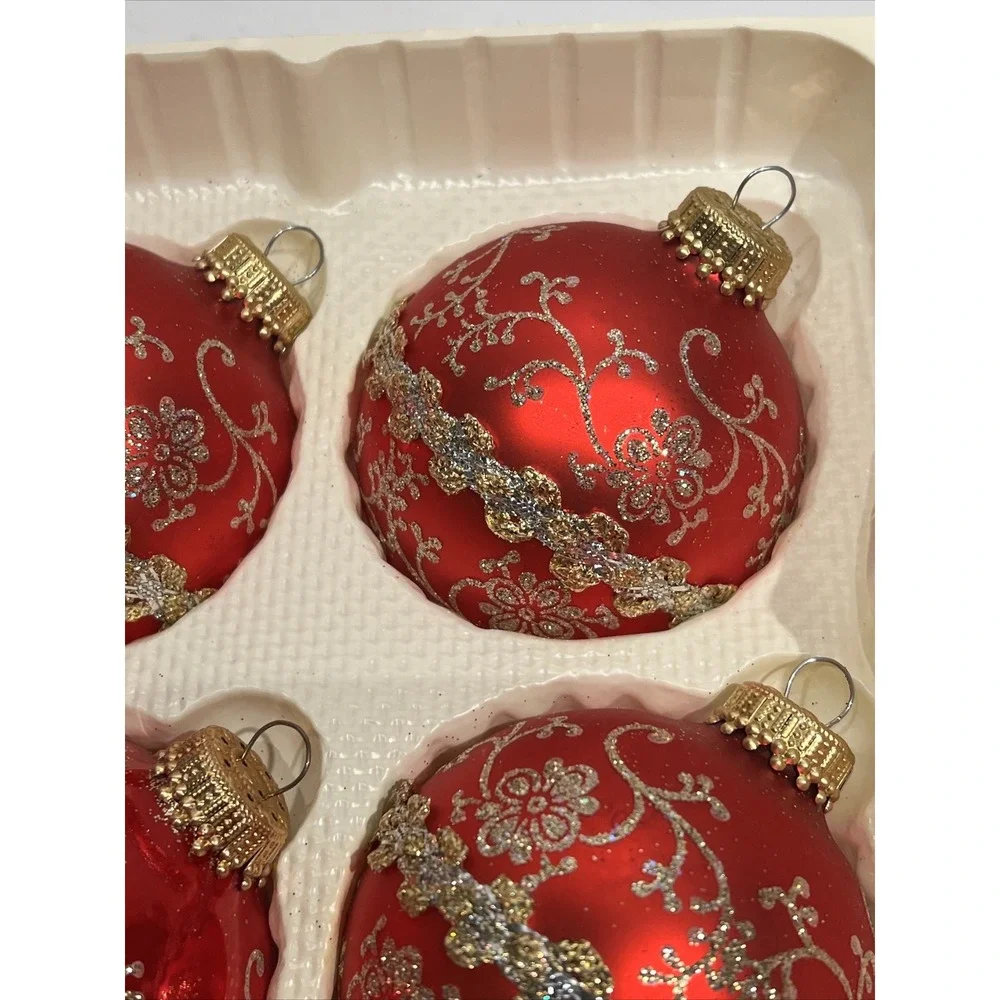 Four Vintage‎ Krebs Glass Holiday Red Christmas Ornaments Brocade Design